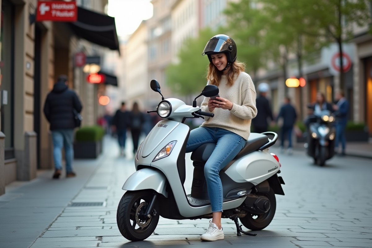 Jeune femme sur scooter regardant son téléphone en ville