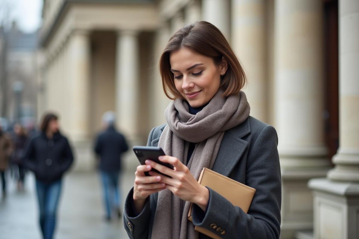 Jeune femme française consulte son téléphone devant un bâtiment