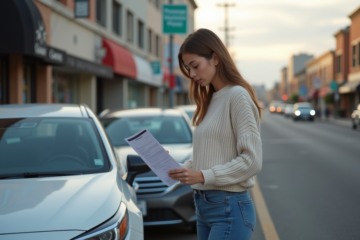 Jeune femme regardant une lettre DMV près de sa voiture