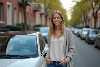 Jeune femme souriante près d'une voiture en ville