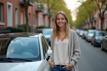 Jeune femme souriante près d'une voiture en ville