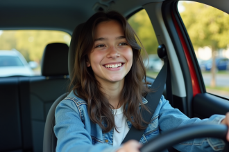 Jeune fille de 17 ans en denim au volant d'une voiture compacte