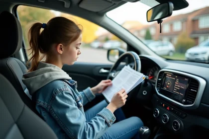Jeune fille en voiture lisant le manuel du tableau de bord