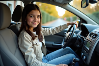 Jeune fille française souriante dans une voiture compacte