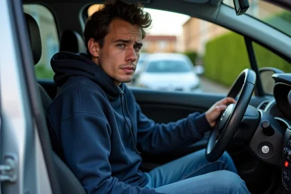 Jeune homme regardant le tableau de bord de sa Renault Clio