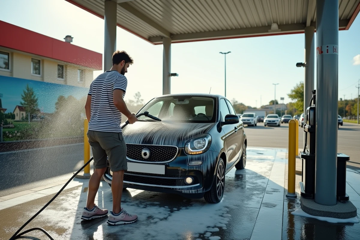 Jeune homme nettoyant sa voiture au station Mille
