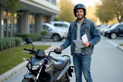 Jeune homme avec casque et documents près d'une moto 125cc