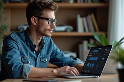 Jeune homme regardant un site de voitures futuristes sur son ordinateur