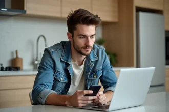 Jeune homme en cuisine compare des codes promo en ligne