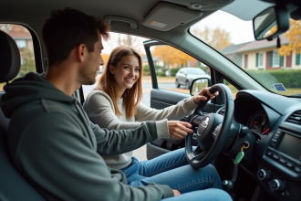Jeune homme donnant les clés à une jeune femme devant une voiture