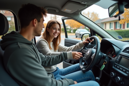 Jeune homme donnant les clés à une jeune femme devant une voiture