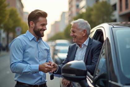 Jeune homme souriant remettant des clés de voiture à un conducteur