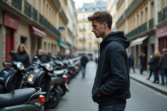 Jeune homme regardant un scooter dans une rue parisienne