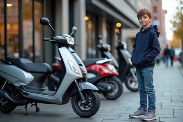 Jeune garçon en hoodie près de scooters en ville