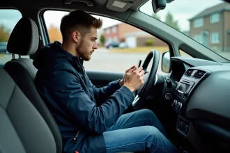 Jeune homme frustré dans sa voiture avec smartphone