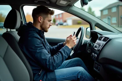 Jeune homme frustré dans sa voiture avec smartphone