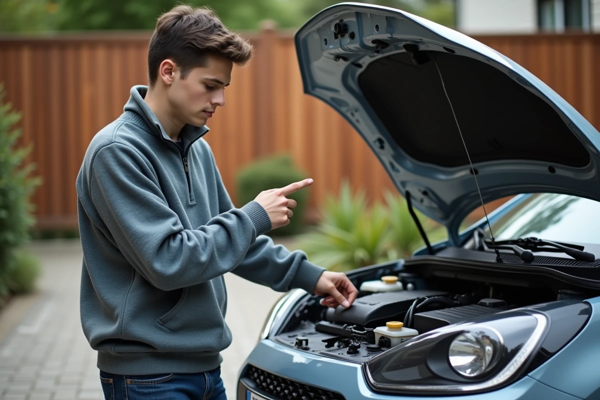 Jeune homme vérifiant le liquide de frein sous le capot