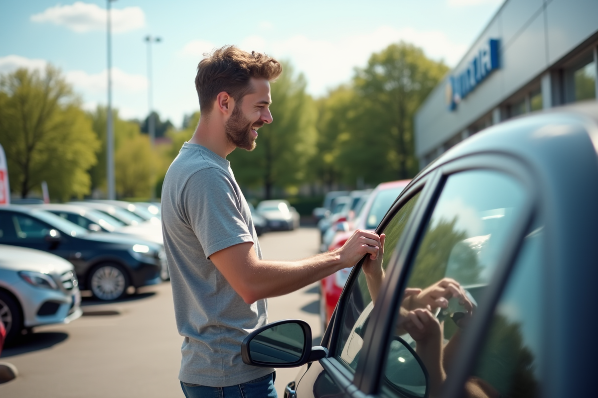 Jeune homme inspectant une voiture d'occasion en Allemagne
