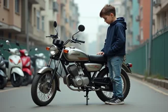 Jeune garçon de 14 ans inspectant une moto 50cc en ville