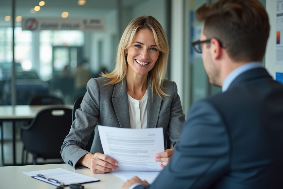 Femme et conseiller de concession examinant un contrat de leasing avec des papiers d'immatriculation sur le bureau
