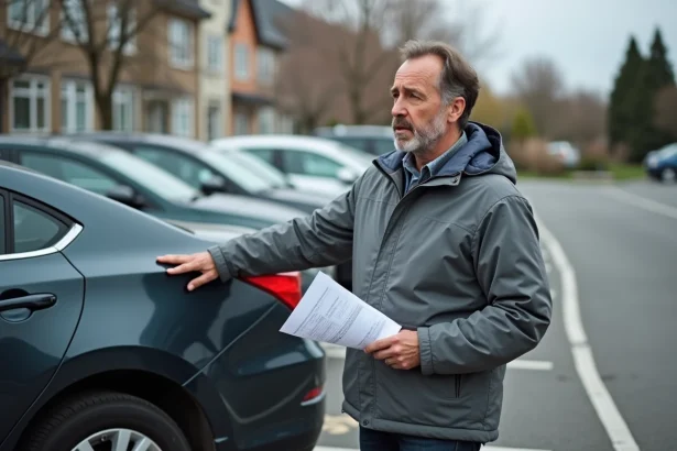 Homme mécontent inspectant un défaut sur sa voiture d'occasion après un achat litigieux, contrat en main dans un parking