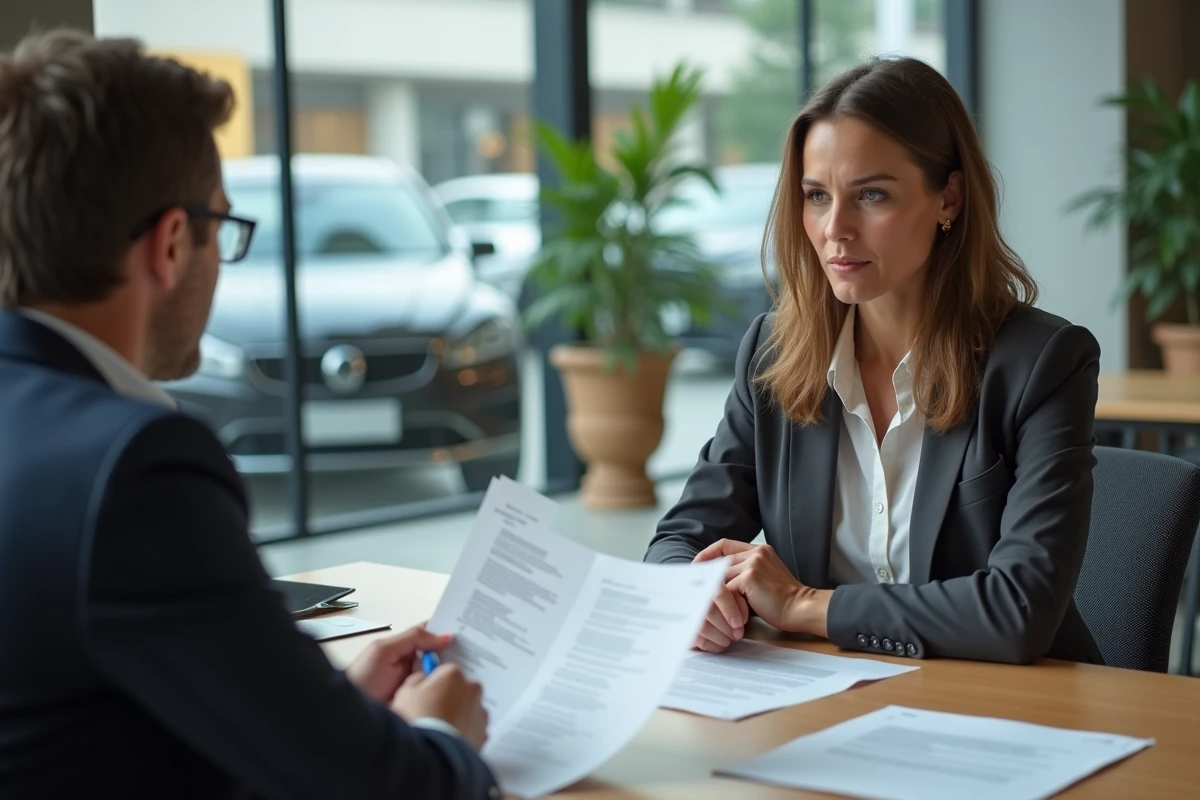 Femme en discussion avec un conseiller de concession automobile pour résoudre un litige après l'achat d'un véhicule