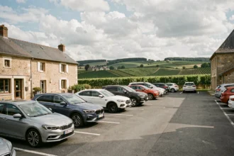 Parking d'agences de location de voitures en Bourgogne-Franche-Comté avec vignobles en arrière-plan