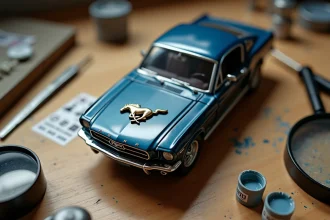 Maquette Ford Mustang miniature 1/18 avec logo cheval appliqué sur capot, outils de modélisme sur établi en bois