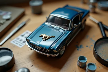 Maquette Ford Mustang miniature 1/18 avec logo cheval appliqué sur capot, outils de modélisme sur établi en bois