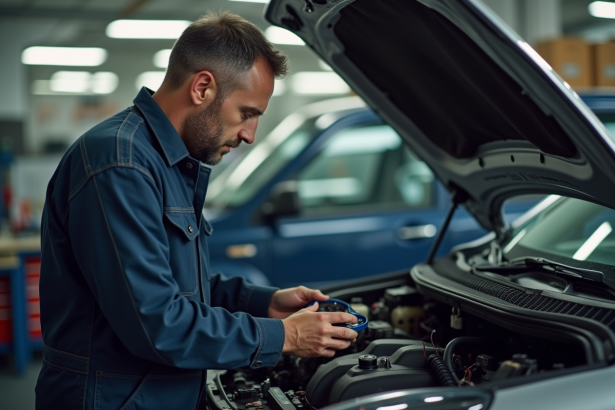 Mécanicien homme en garage avec lecteur de diagnostic voiture
