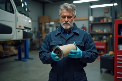 Mécanicien professionnel tenant un filtre à particules encrassé dans un atelier automobile