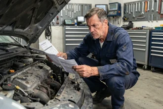 Mécanicien examinant un moteur de voiture avec un document de garantie constructeur dans un atelier automobile réaliste