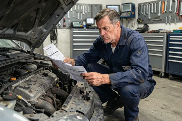 Mécanicien examinant un moteur de voiture avec un document de garantie constructeur dans un atelier automobile réaliste