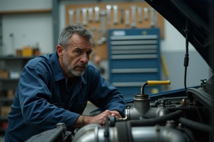 Mécanicien diesel inspectant le turbocompresseur d'un moteur moderne dans un atelier automobile