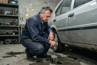 Mécanicien inspectant une voiture d'occasion dans un garage indépendant, vérification de l'historique du véhicule