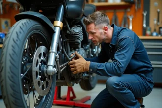 Mécanicien moto inspectant la chaîne d'une moto dans un garage indépendant à Agde