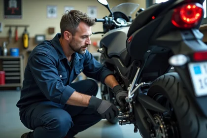 Mécanicien moto inspectant la roue arrière d'une moto de tourisme
