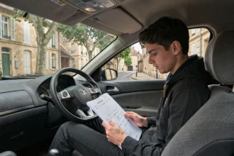 Étudiant en auto-école dans l'Aube révisant son manuel de conduite dans un véhicule école garé dans une rue française