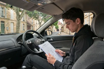 Étudiant en auto-école dans l'Aube révisant son manuel de conduite dans un véhicule école garé dans une rue française