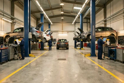 Vue panoramique d'un grand atelier de mécanique automobile moderne dans les Pays de la Loire, avec plusieurs véhicules sur ponts élévateurs et des mécaniciens au travail
