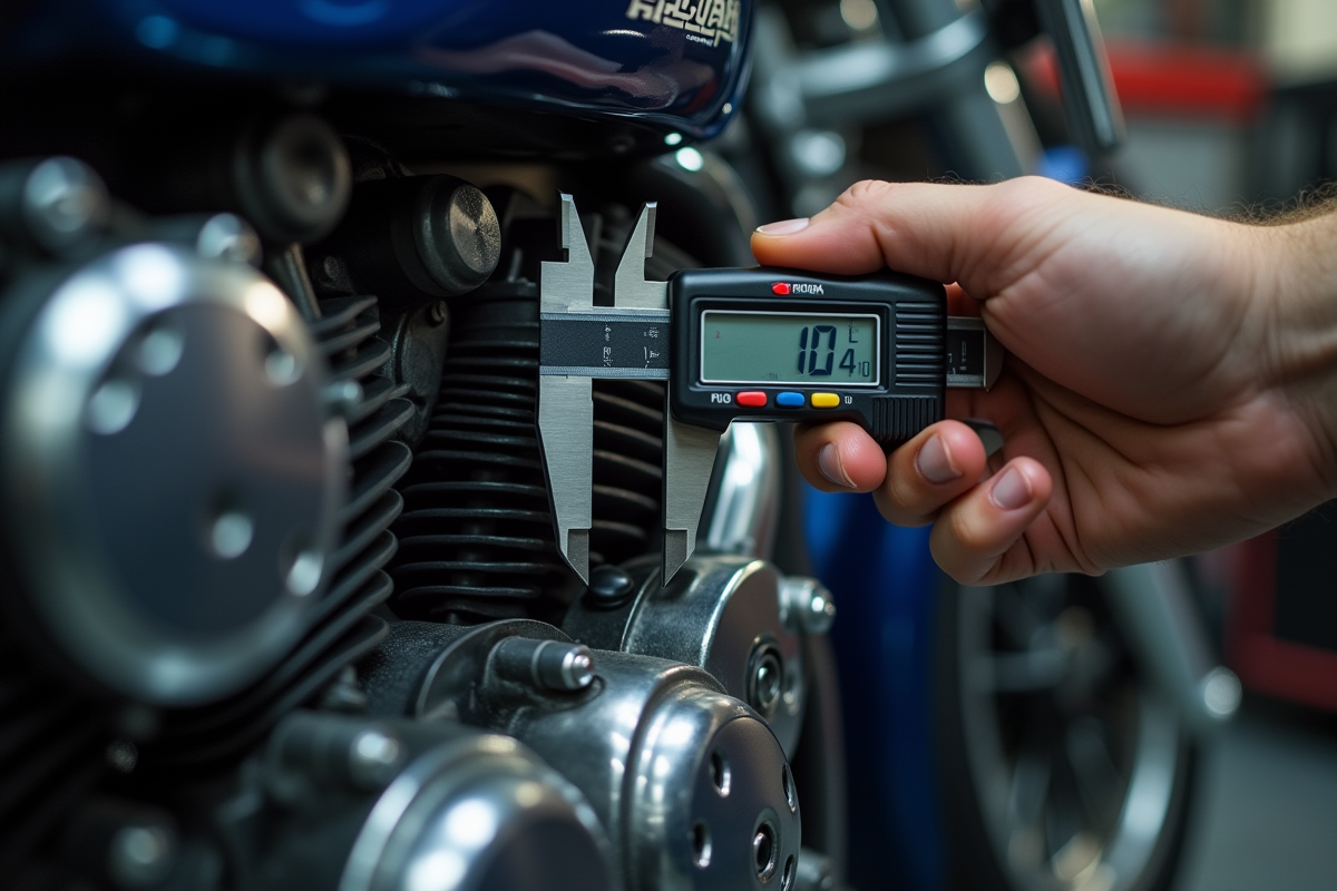 Mecanicien mesurant un cylindre de moto avec un pied à coulisse