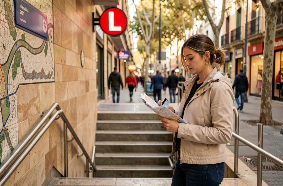 Femme consultant le plan du métro de Barcelone à l'entrée d'une station après avoir garé sa voiture