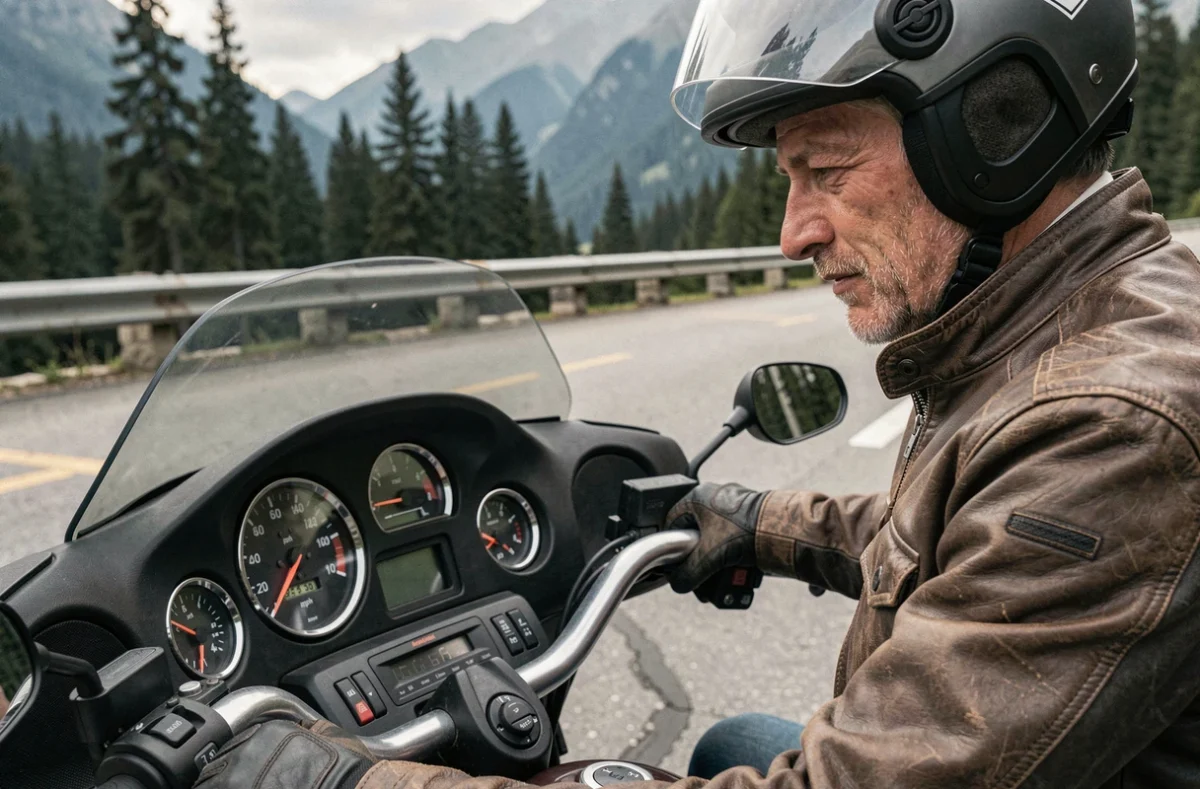 Motard examinant le tableau de bord de sa moto avec un compteur de vitesse double échelle mph et kph en montagne