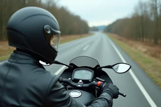 Motard sur une route française consultant un GPS affichant la conversion miles en km/h sur le guidon de sa moto