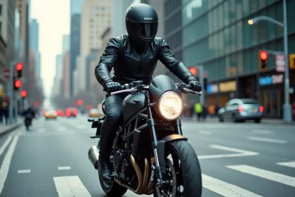 Motard en veste textile noire sur une moto sportive naked à un carrefour urbain animé