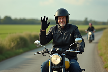 Motard homme souriant faisant un V en campagne