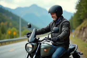 Motard en voyage sur une moto moderne en nature