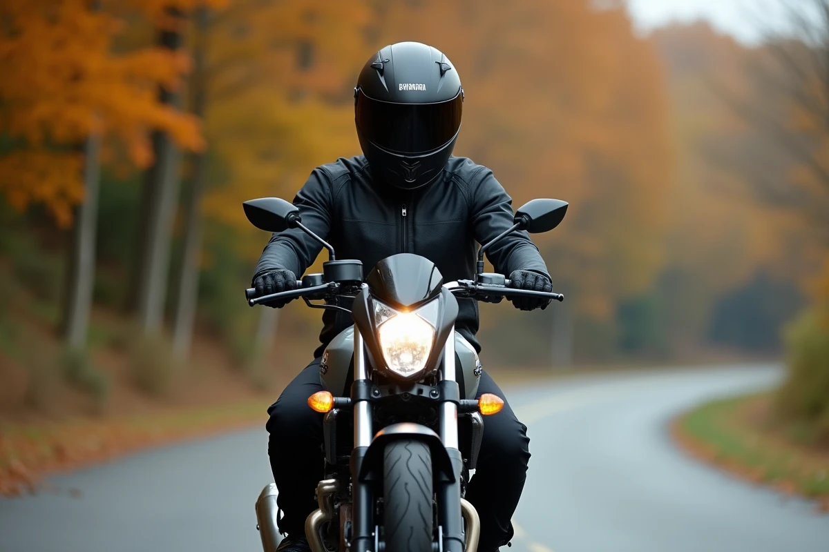 Motard équipé assis sur une Yamaha R7 A2 sur une route de campagne en automne, position de conduite naturelle et équipement homologué A2