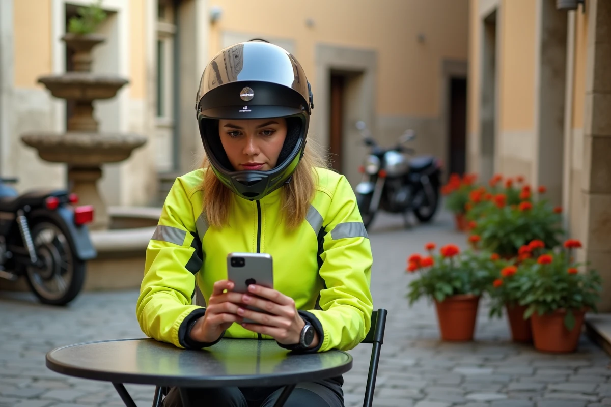 Motarde utilisant une application de conversion miles en km/h sur son smartphone lors d'une pause dans un village français