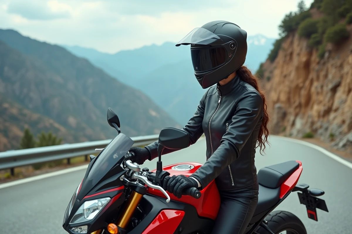 Motarde en veste en cuir appuyée sur une moto sport-touring sur une route de montagne sinueuse